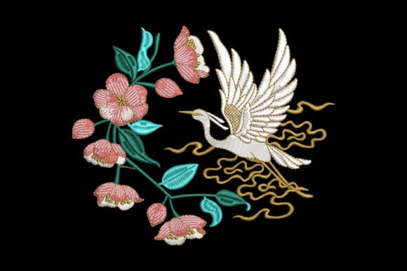 Cranes and Blossoms Embroidery Design