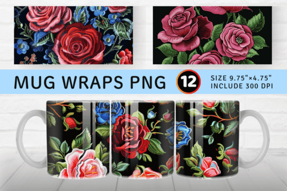 Roses Embroidery Flowers Mug Wrap Sublim