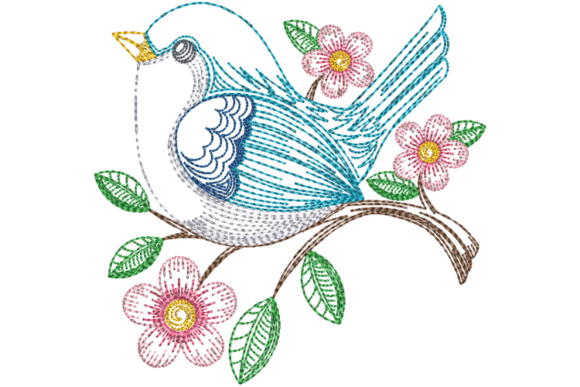 Spring Bluebird and Flowers Embroidery